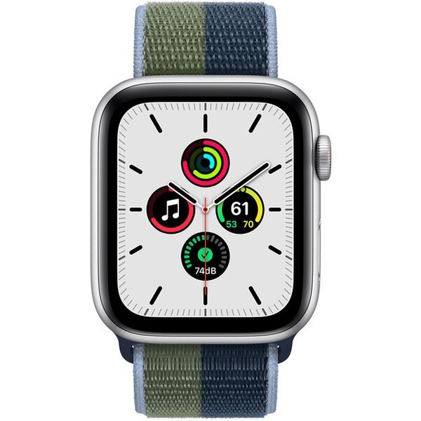 Apple Watch SE Cellular 40mm stříbrné s hlubokomořsky modrým/mechově zeleným provlékacím řemínkem