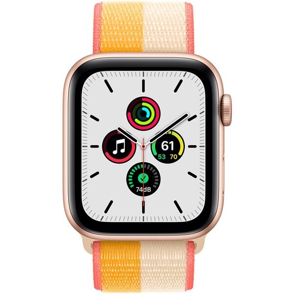 Apple Watch SE Cellular 40mm zlaté s oranžovožlutým/bilým provlékacím řemínkem