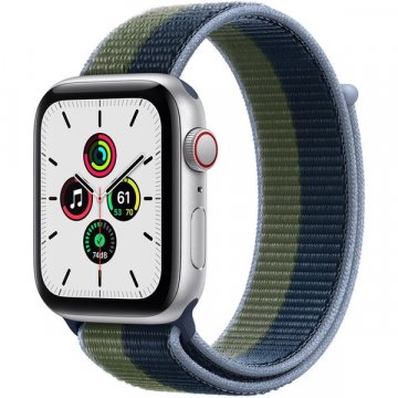 Apple Watch SE Cellular 44mm stříbrné s hlubokomořsky modrým/mechově zeleným provlékacím řemínkem