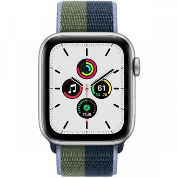 Apple Watch SE Cellular 44mm stříbrné s hlubokomořsky modrým/mechově zeleným provlékacím řemínkem