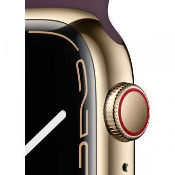 Apple Watch Series 7 Cellular 45mm zlatá ocel s tmavě višňovým sportovním řemínkem