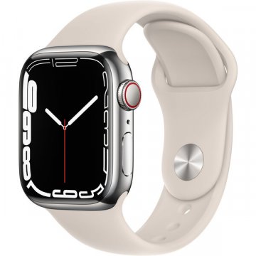 Apple Watch Series 7 Cellular 45mm stříbrná ocel s bílým sportovním řemínkem