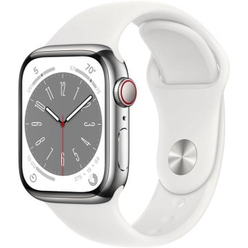 Apple Watch Series 8 Cellular 41mm stříbrná ocel s bílým sportovním řemínkem