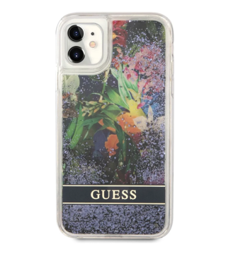 Guess Liquid Glitter Flower kryt iPhone 11 modrý