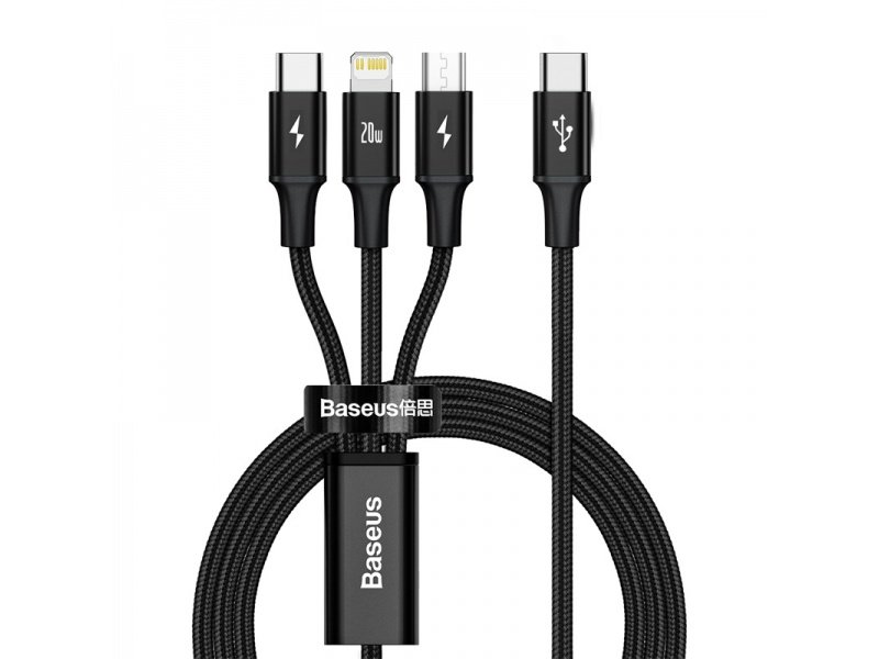 Baseus Rapid Series nabíjecí/datový kabel 3v1 USB-C (USB-C + Lightning + USB-C) PD 20W 1,5m černý