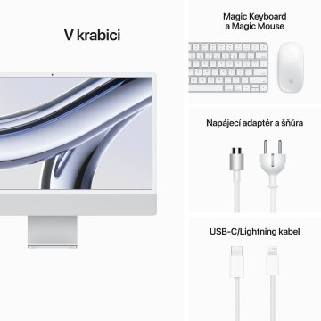 iMac 24" 4.5K displej, Apple M3 8jádrové CPU/10jádrové GPU/8GB/256GB SSD/CZ - stříbrný