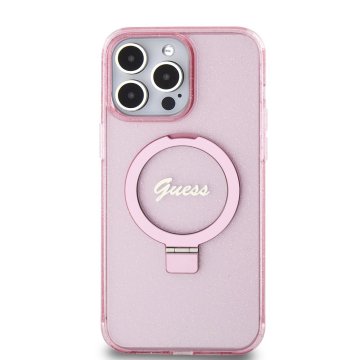 Guess IML Ring Stand Glitter MagSafe Zadní Kryt pro iPhone 15 Pro Pink