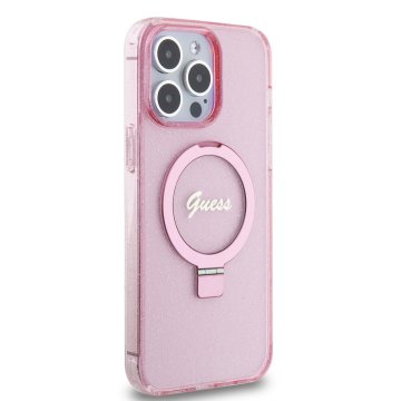 Guess IML Ring Stand Glitter MagSafe Zadní Kryt pro iPhone 15 Pro Pink